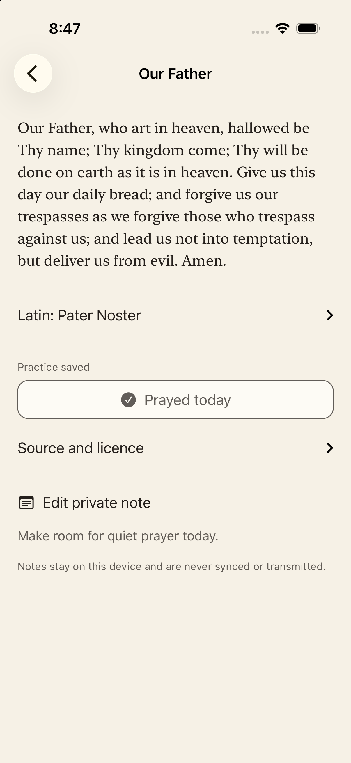 Prayer in Hand displaying the Our Father, its Latin title, practice status and a private note option